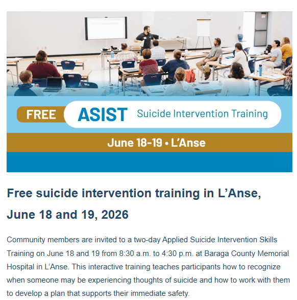 Free suicide intervention training in L’Anse